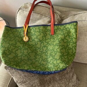 Tous Vibrant Green and Red Tote Bag with Gold Hardware